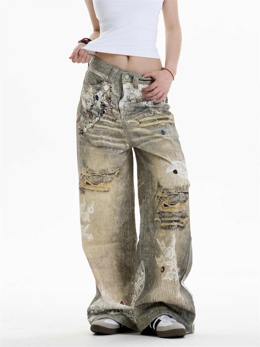 Cross Printed Jeans Women's Wide-leg Pants