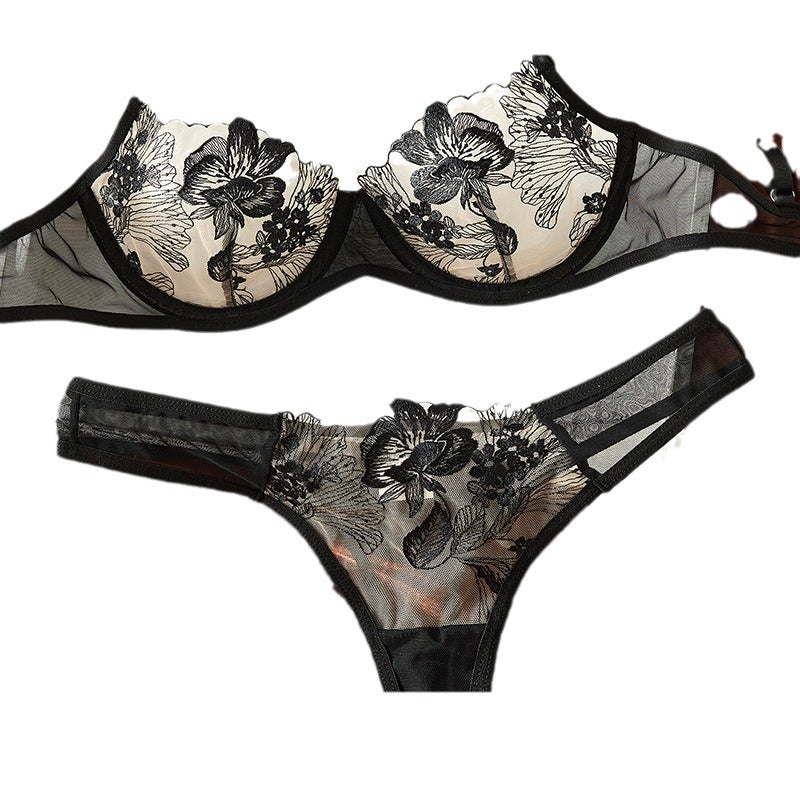 Floral Embroidery Bra & Thong Set - Sheer Mesh Lingerie Sexy Lace Underwear Push Up Bra Anti-sagging Breast Holding Bra Set