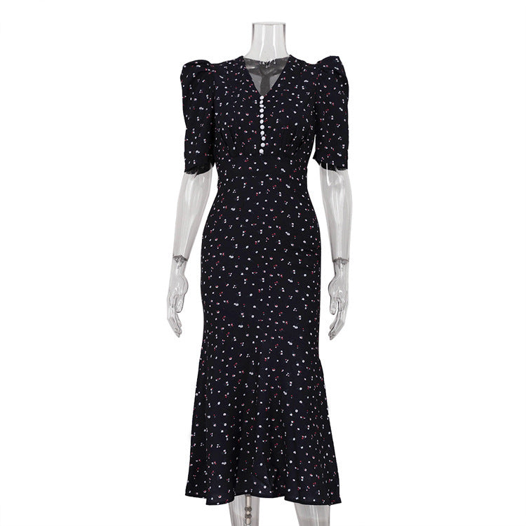 V-neck Pleated Short Sleeves High Waist Floral Dress