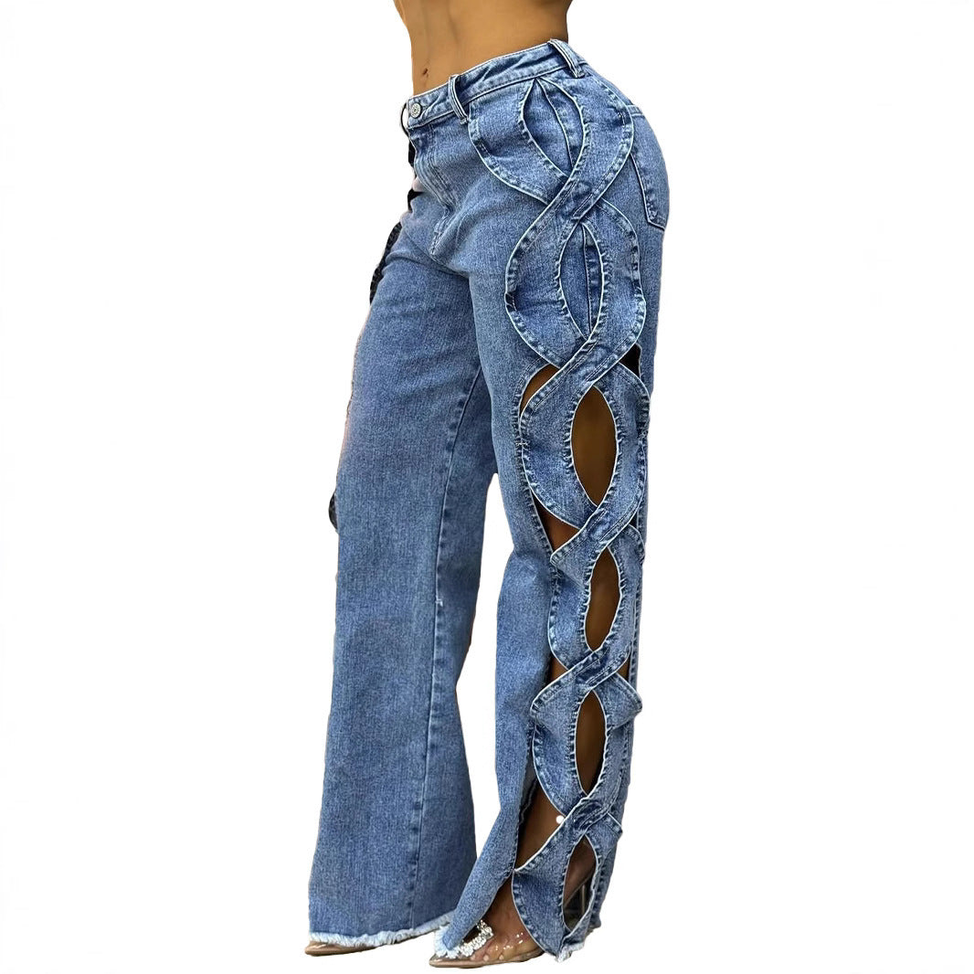 Retro Fashionable Side Hollow S Line Denim Jeans for Women's