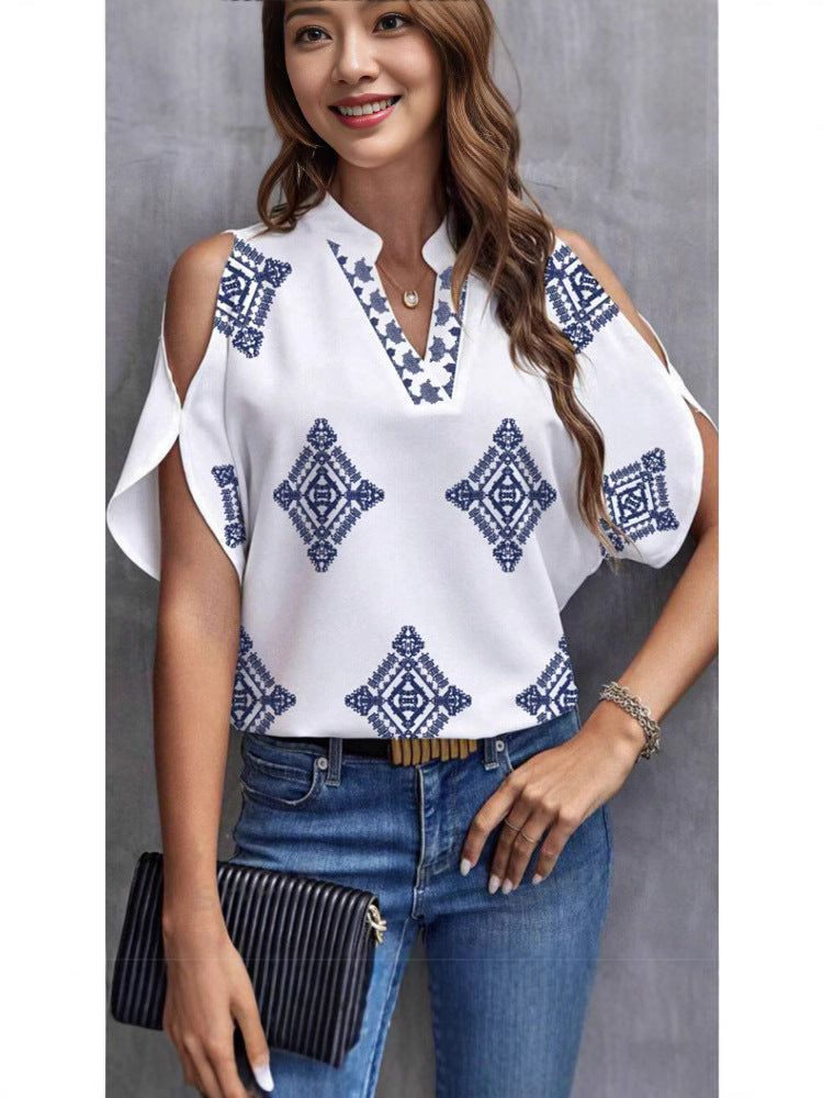Casual Geometric Printed Short-sleeved Top For Women's