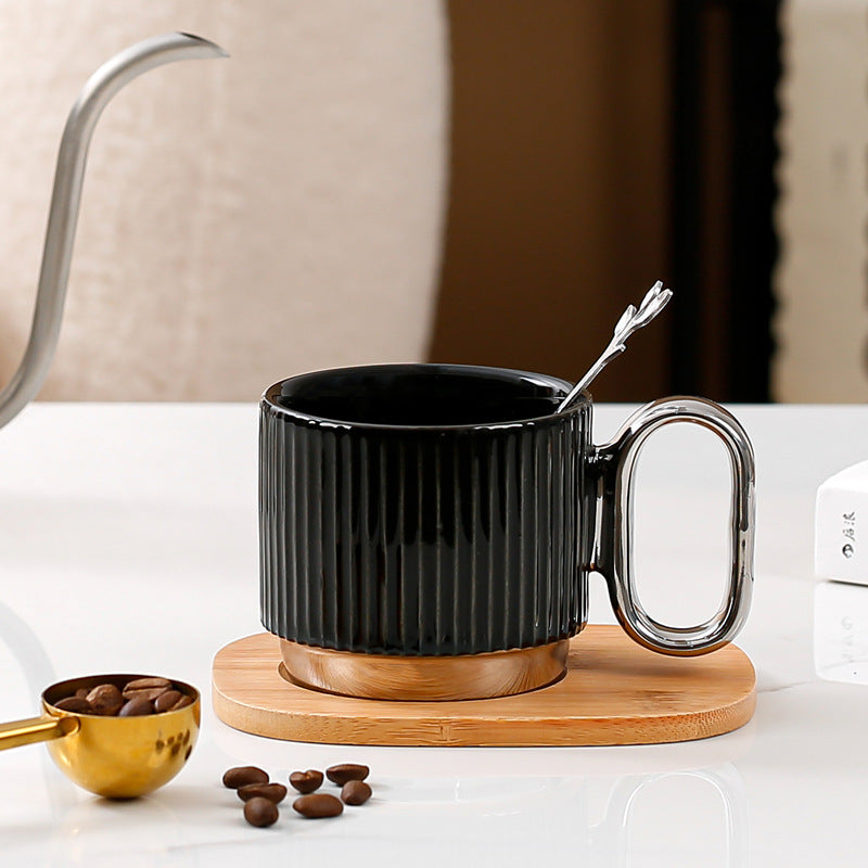 Ribbed Ceramic Coffee Mug with Wooden Saucer & Gold Spoon Set Ceramic Mug Household Afternoon Tea Coffee Cup