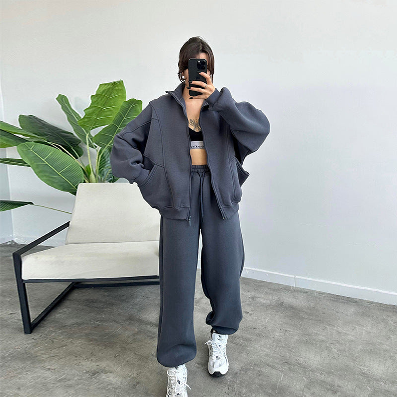 Cozy Core Fleece Set – Zip-Up Hoodie + Relaxed Joggers Sports Suits With Pockets Stand-up Collar Zipper Cardigan And Drawstring Trousers Fashion Jogger Set Outfits Tracksuits Women's Clothing