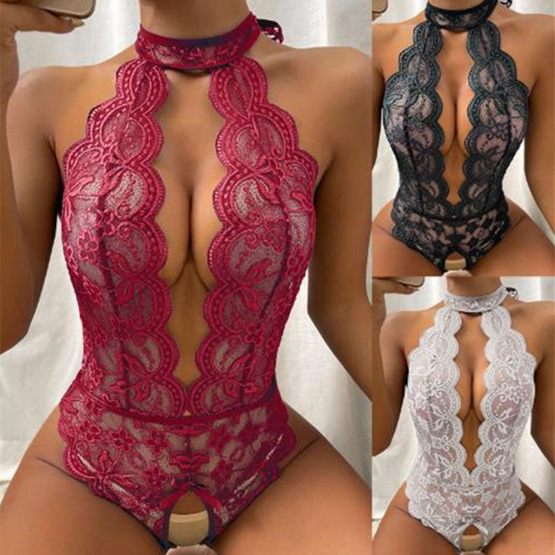 Sexy Black Sheer Lace Halter Neck Bodysuit Women's Fashion Simple Solid Color Lace Jumpsuit