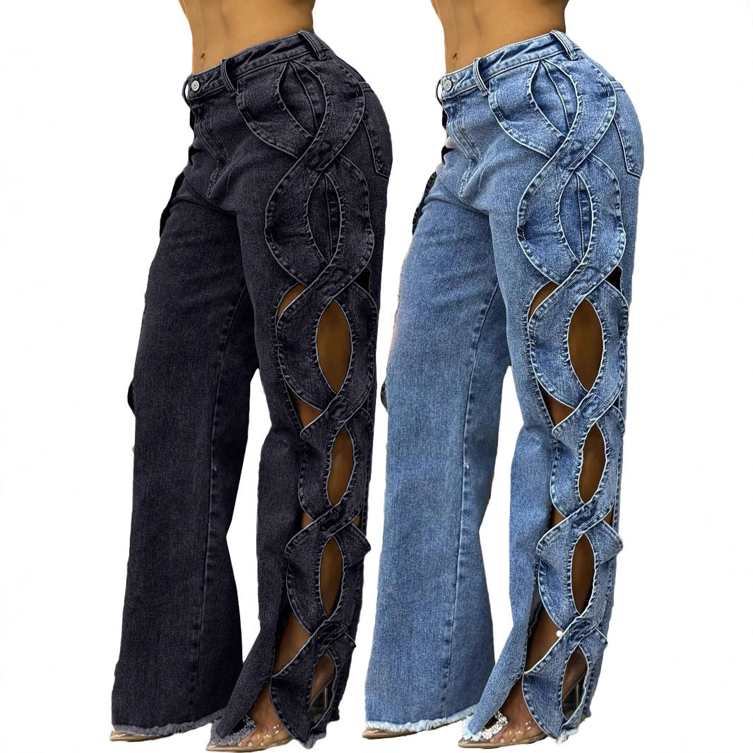 Retro Fashionable Side Hollow S Line Denim Jeans for Women's