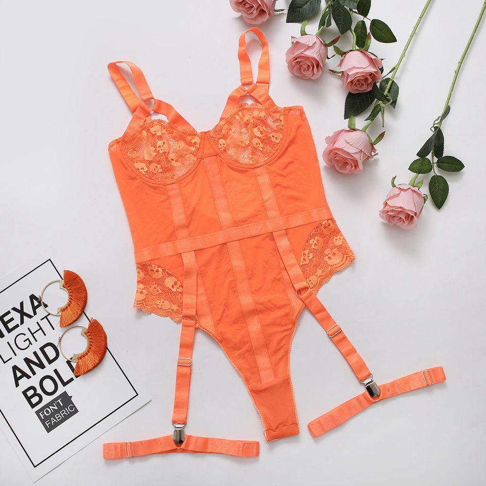 Lace Bodysuit with Garter Belt - Sheer One Piece Lingerie Lace Sexy Nightclub Outfit Jumpsuit