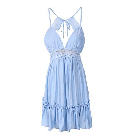 Bohemian Lace Trim Mini Dress with Open Back & Ruffled Hem