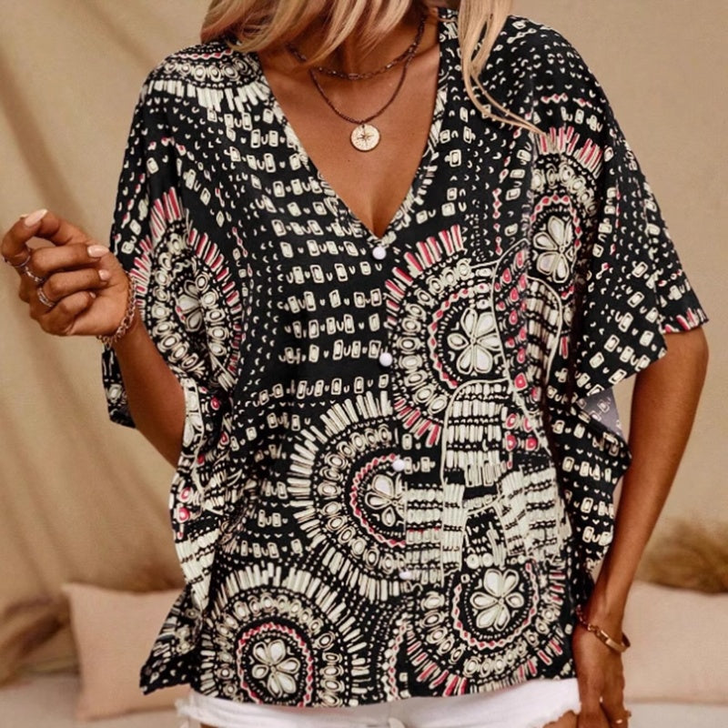 V-Neck Mandala Print Blouse Short Batwing Sleeve Casual Vacation Top