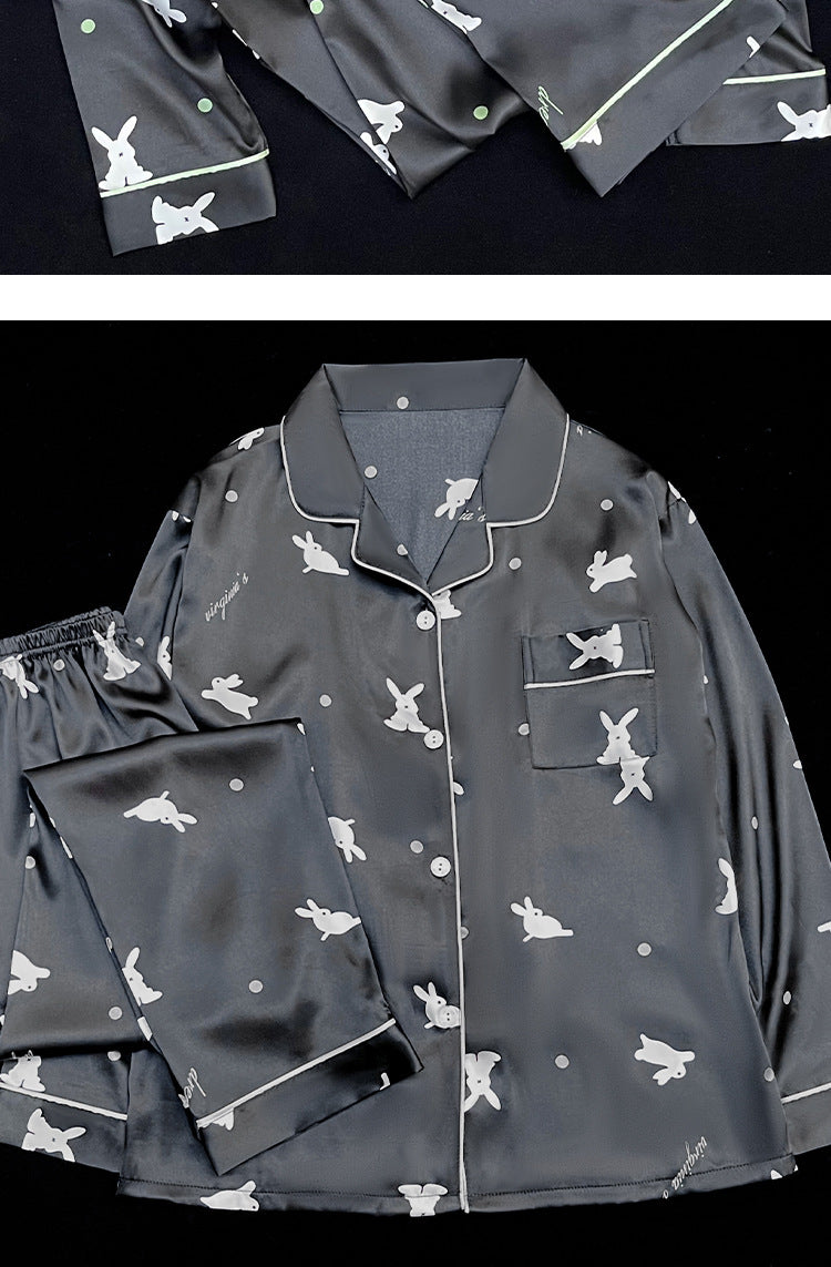 Luxurious Satin / Silk-Look Patterned Pajama Set Women's Korean-style Ins Cute Lapel Long-sleeved Pajamas