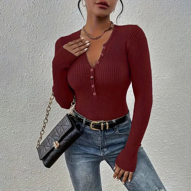 Elegant V-Neck Button Detail Knit Sweater - Long Sleeve Solid Color Casual Pullover For Fall&SpringTop