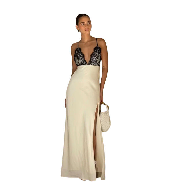 Spring Clothing Lace Sling Backless Lace Up Split Sexy Dress For Women's