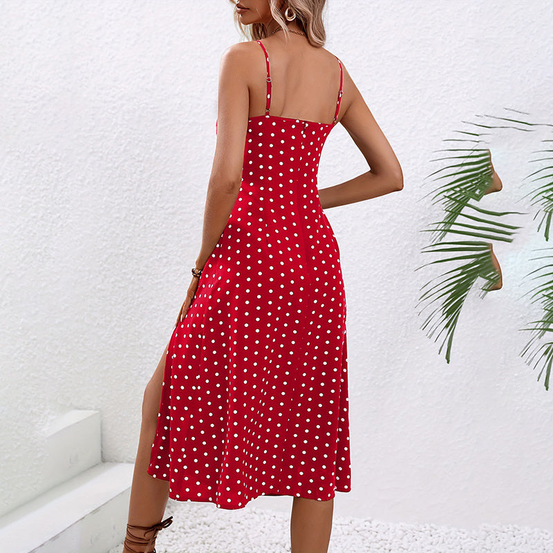 Summer Casual Boho Sundress Polka Dot Sleeveless Spaghetti Strap Backless Side Slit Dresses