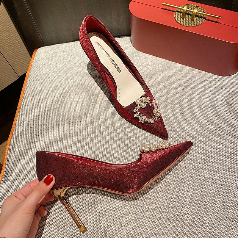 Square Buckle Red Wedding Wedding Two Wear Bridal Shoes High Heels Size Summer Women