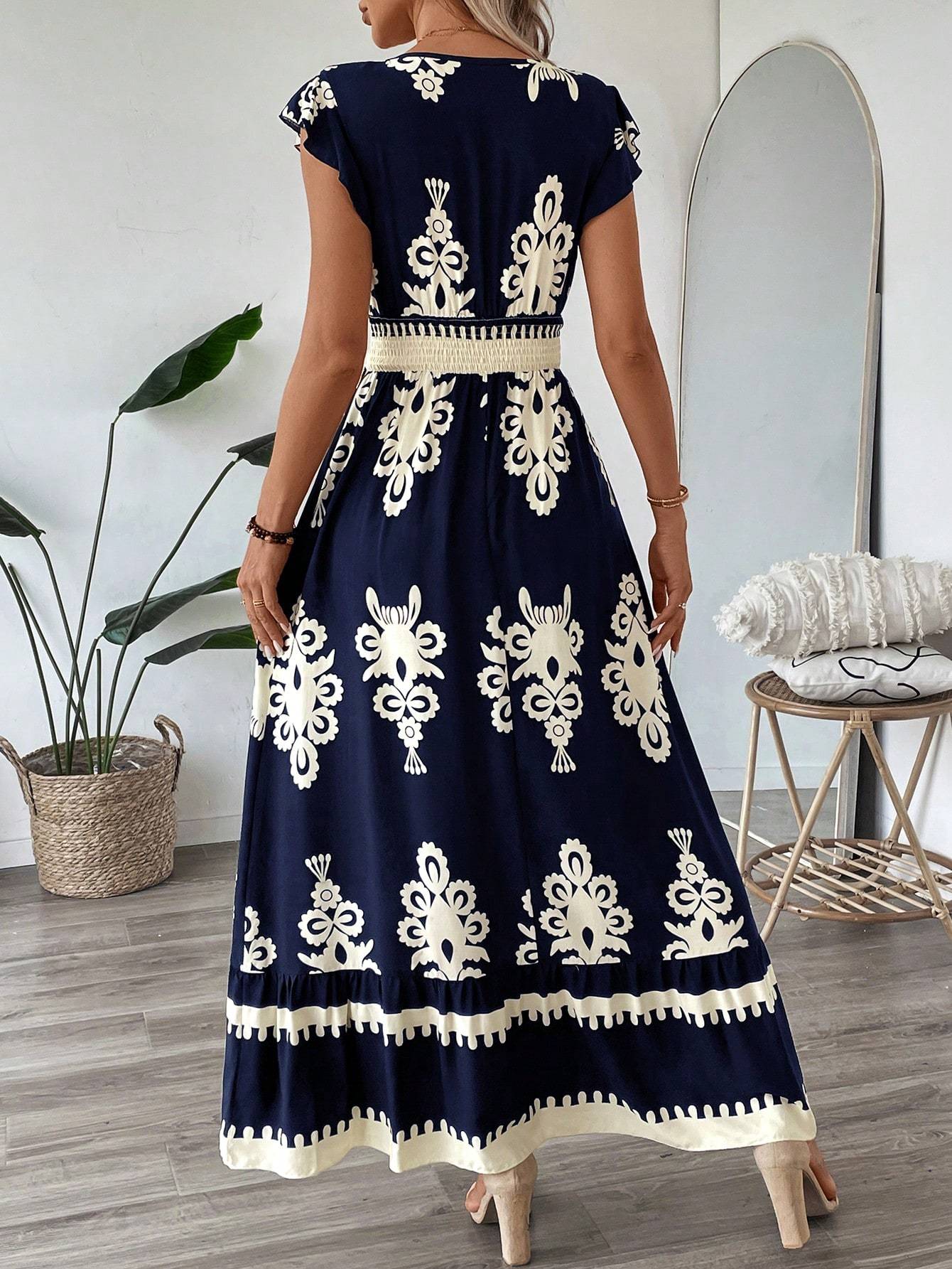 Trim Cap Sleeve Cinched Waist Ruffle Hem A-Line Dress For Women