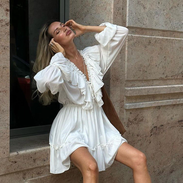Chic Ruffle Mini Dress | V-Neck with Billowy Long Sleeves (White, Pink, Black, Blue) Fashion V Neck Pleated Ruffle Long Sleeve Dress Y2K V Neck Flared Sleeve Short Dress Women's Clothing