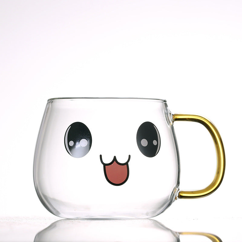 Cute Kawaii Emoji Glass Mug with Gold Handle Cute Glass Expression Coffee Cup Mug