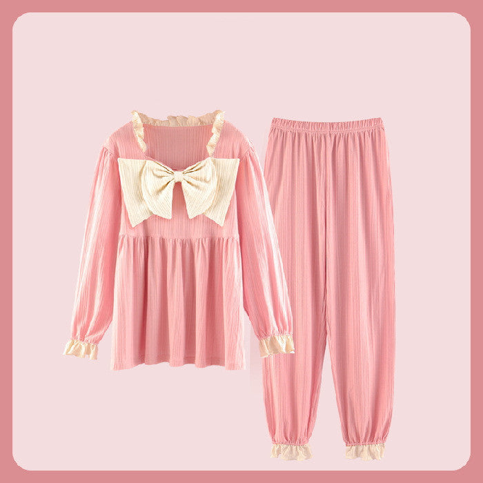 Sweet Ruffled Long Sleeve Pajama Set with Bow Detail Palace Pajamas Women Spring And Autumn Korean Style Cotton Long Sleeves