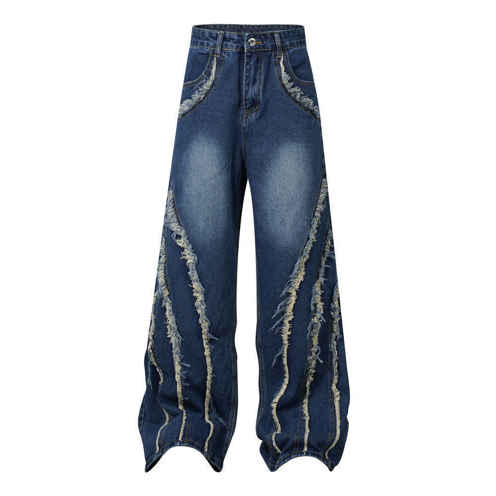 Trendy Ripped Patchwork Flare Jeans Retro Unisex Wear Bootcut Denim Jeans