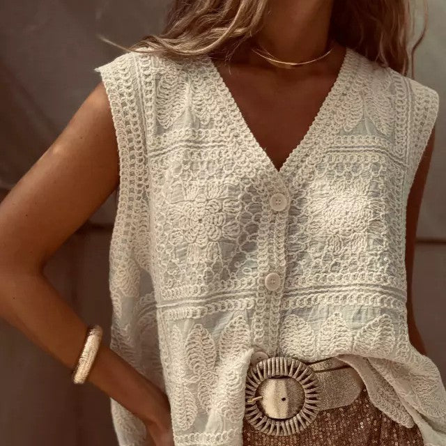 Boho V-neck Vest Lace Embroidered Buckle Cardigan Vest Vacation Top