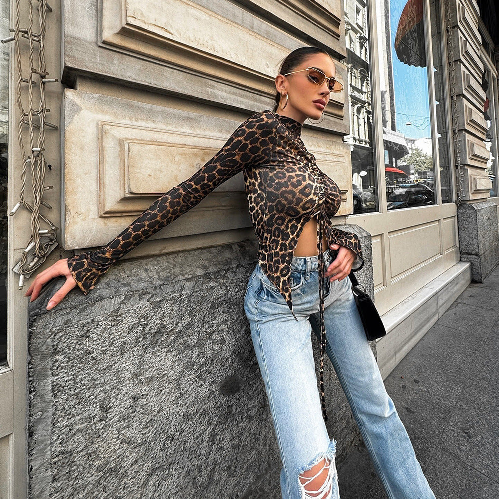 Leopard Print Drawstring Versatile Tight Long Sleeved Top