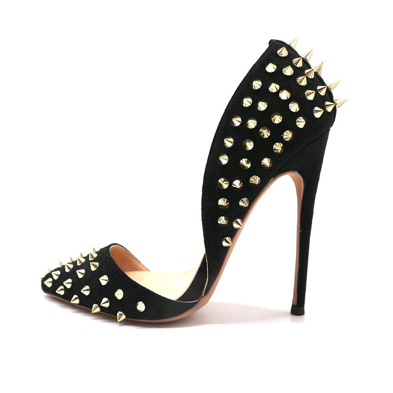 Fierce & Fabulous: Black Studded Stiletto Suede Gold Rivet Heels Shoes For Women's