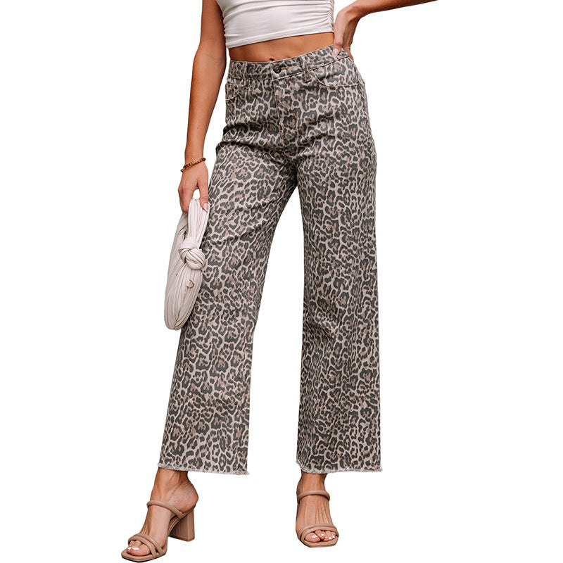 American Personalized High Waist Leopard Frayed Jeans