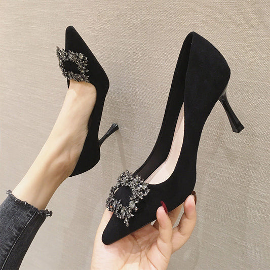 Velvet Jeweled High Heels – Elegant Crystal Buckle Pumps All-match French Girl With Pointed Sexy Stiletto Heels For Women's
