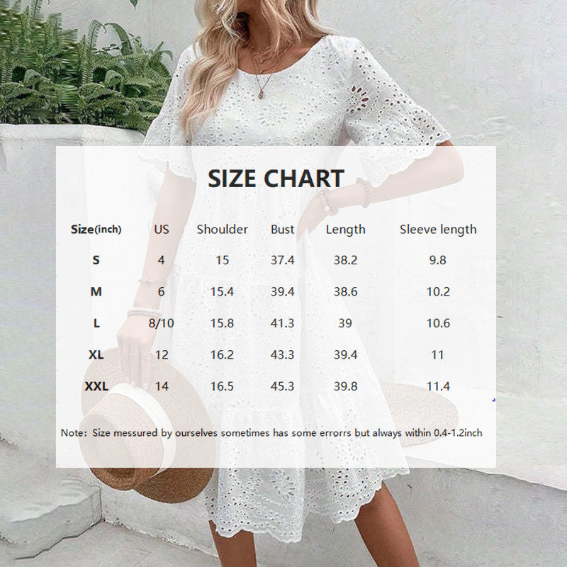 Round Neck Embroidered Lace Short Sleeve A-Line Elegant Summer Vacation Dress