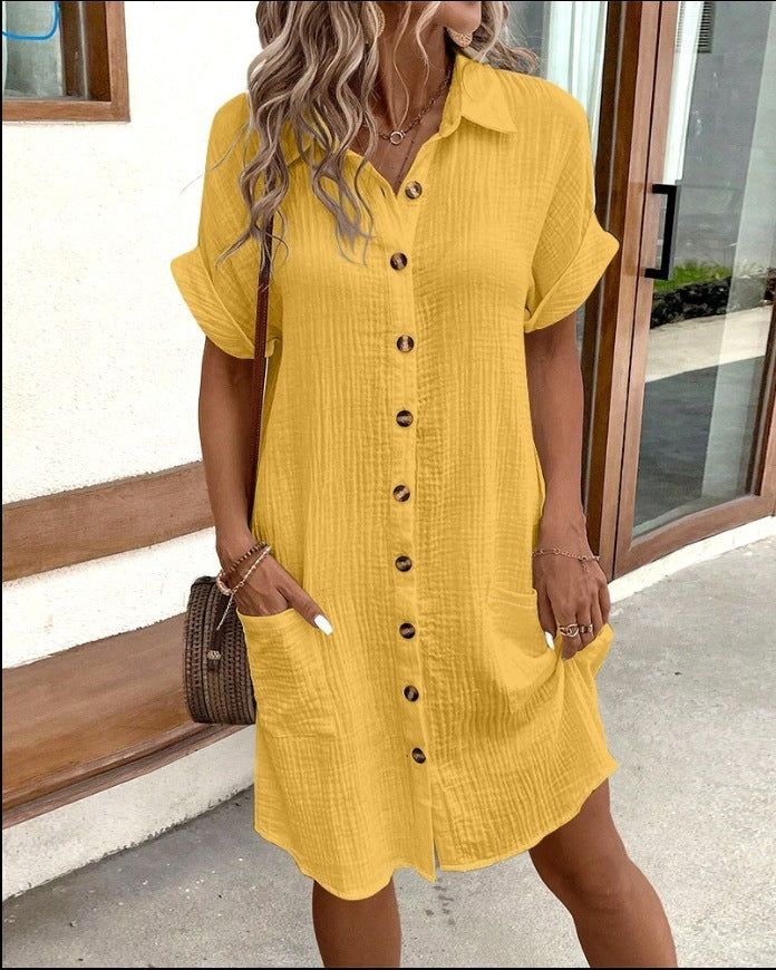 Summer Short Sleeve Shirt Dress Fashion Solid Color Single-breasted Mid-length Loose Dress For Women's