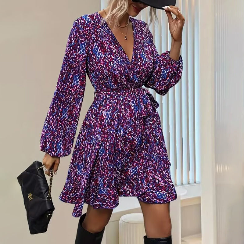 Leopard Print Ruffle Hem Long Sleeve V Neck Belted A Line Dress