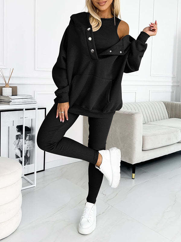 3-Piece Lounge Set – Cozy, Chic & Effortlessly Stylish For Women's Sports Suit Loose Hooded Pockets Sweatshirt And Vest And Slim Trousers