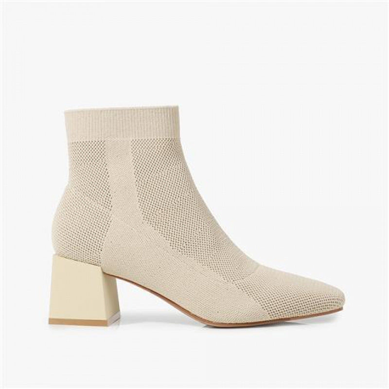 All-match Stretch Knitted High Heel Solid Color Chunky Heel Square Toe Boots Women