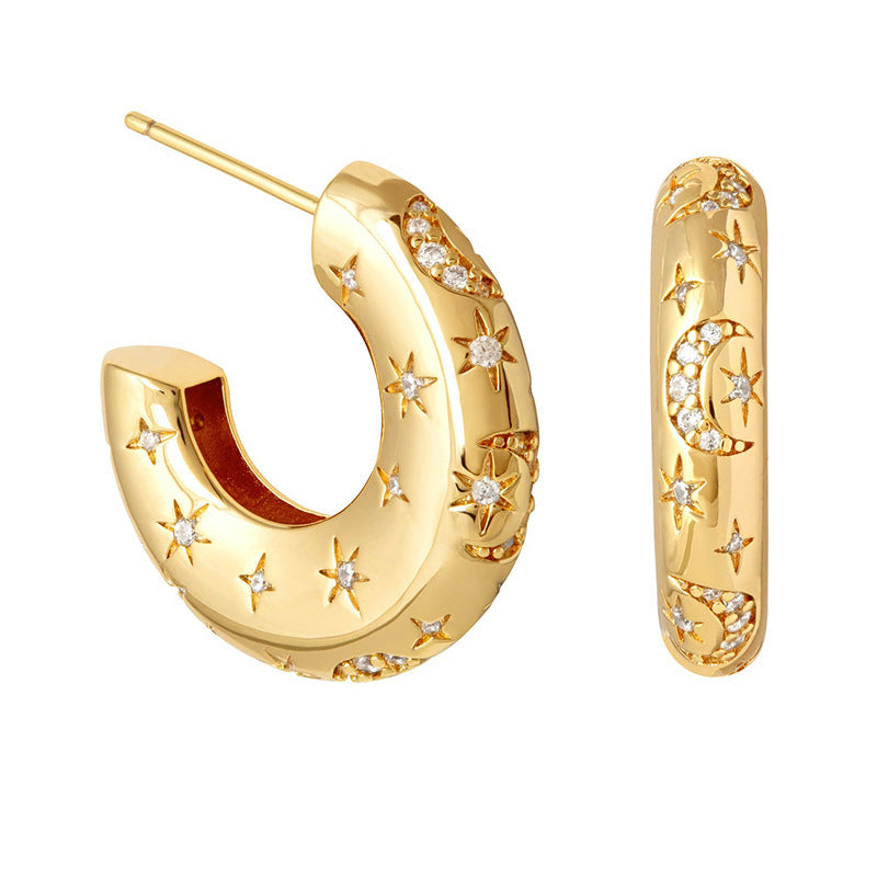 Metallic Star And Moon Earrings Female Special-interest Design Stud Earrings