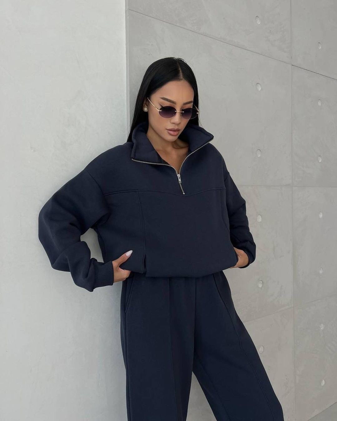 Essential Fleece Half-Zip Set – Minimal Luxe Comfort Y2K Winter Jogging Women Two Piece Set Female Zipper Coat Casual Pants Tracksuit Autumn Jacket Fashion Contrast Sport Wear Set