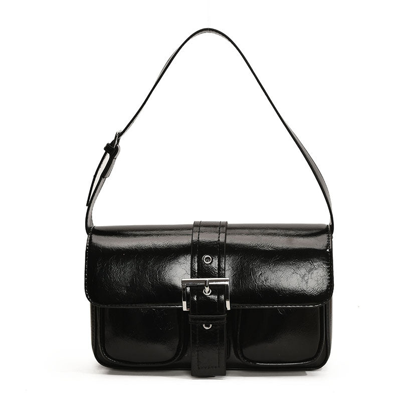 Retro Style Buckle Messenger Shoulder Bag with Front Pockets Simple Design Women's Bag Shoulder Fashion Handbag