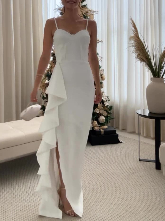 Elegant White Draped Detail Bodycon Gown with High Split White Ruffled Slit Suspender Dress