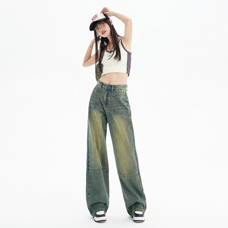 Baggy Cargo Jeans – Washed Vintage Green, Wide Leg Fit Fashion American Stitching Jeans For Women