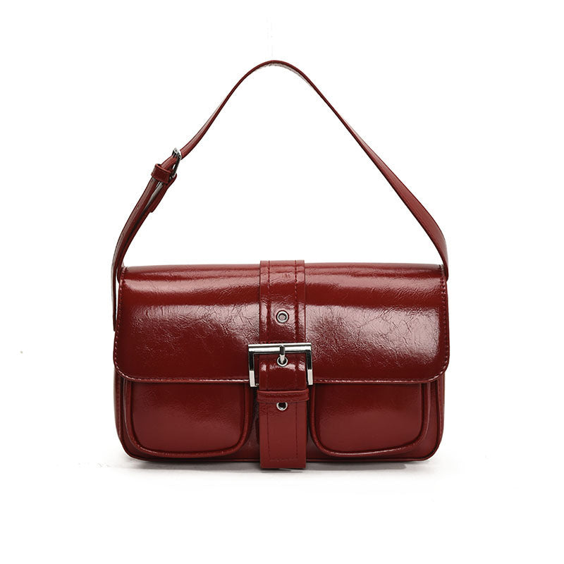 Retro Style Buckle Messenger Shoulder Bag with Front Pockets Simple Design Women's Bag Shoulder Fashion Handbag