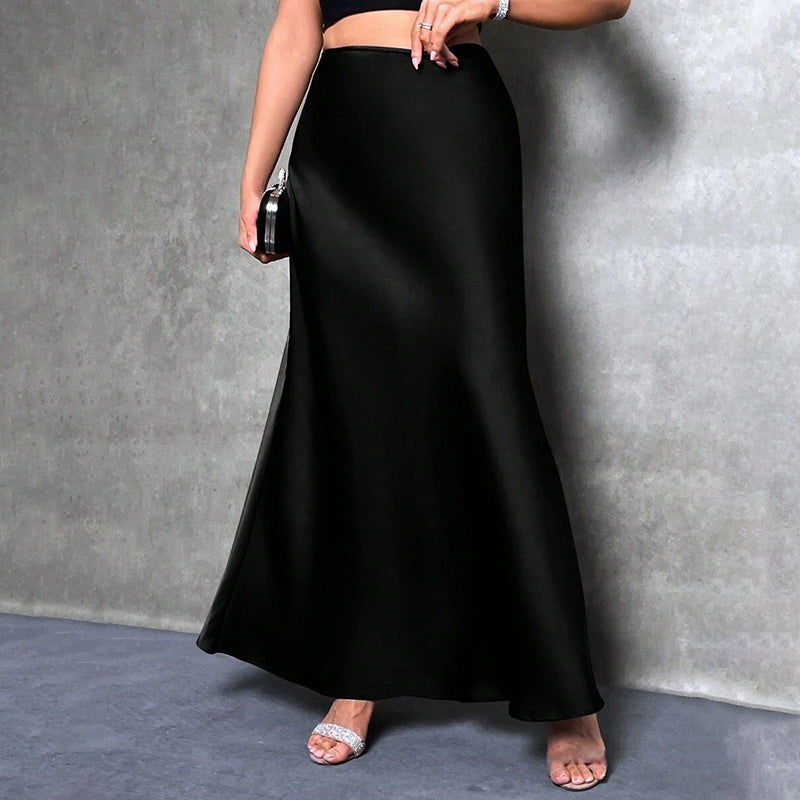 Elegant Satin High Waist Flared Midi Skirt Cocktail Party Wedding Long Skirt
