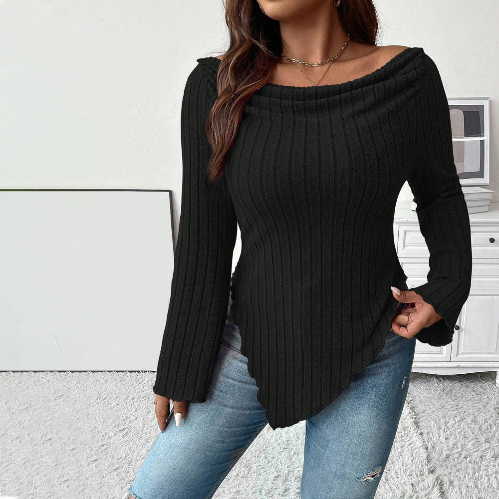 Off-neck Long Sleeve T-shirt Slim Fit Irregular Top
