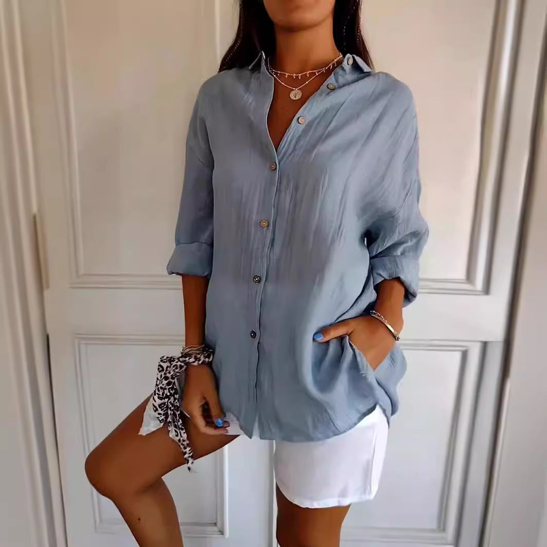 Lapel Long Sleeve Shirt Single-breasted Pleated Shirt For Women's