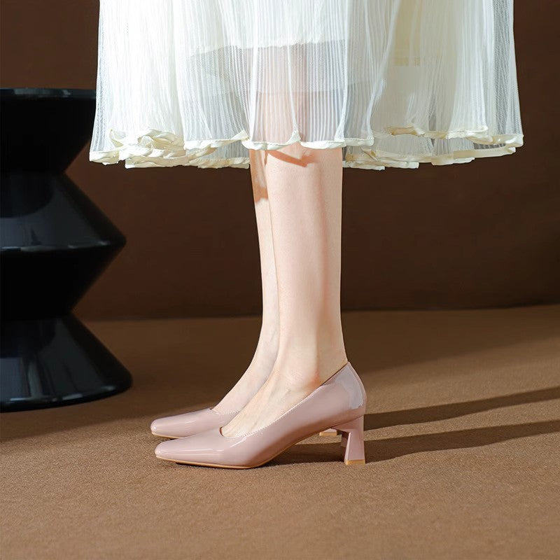 Classic Style High Heel Patent Leather Square Toe Light Luxury French Shoes