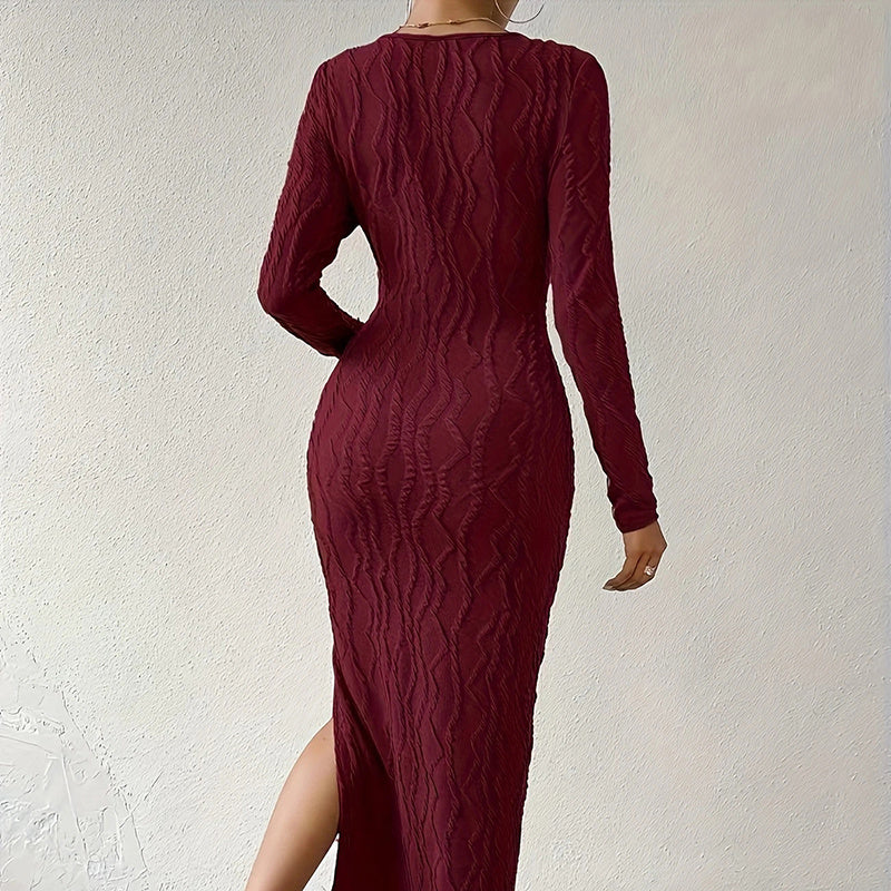 Crew Neck Long Sleeve Ribbed Dress Side Slit Knit Bodycon Midi Dress Women's