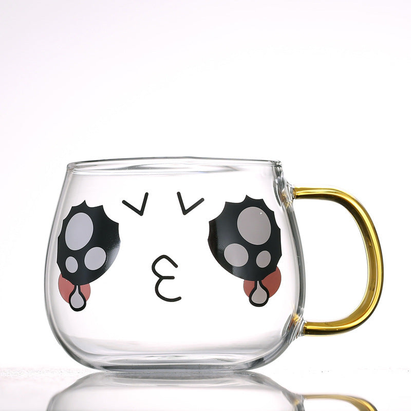 Cute Kawaii Emoji Glass Mug with Gold Handle Cute Glass Expression Coffee Cup Mug