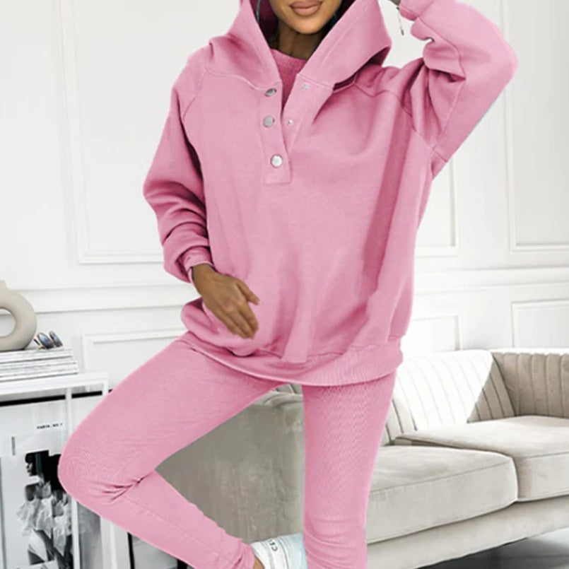 3-Piece Lounge Set – Cozy, Chic & Effortlessly Stylish For Women's Sports Suit Loose Hooded Pockets Sweatshirt And Vest And Slim Trousers