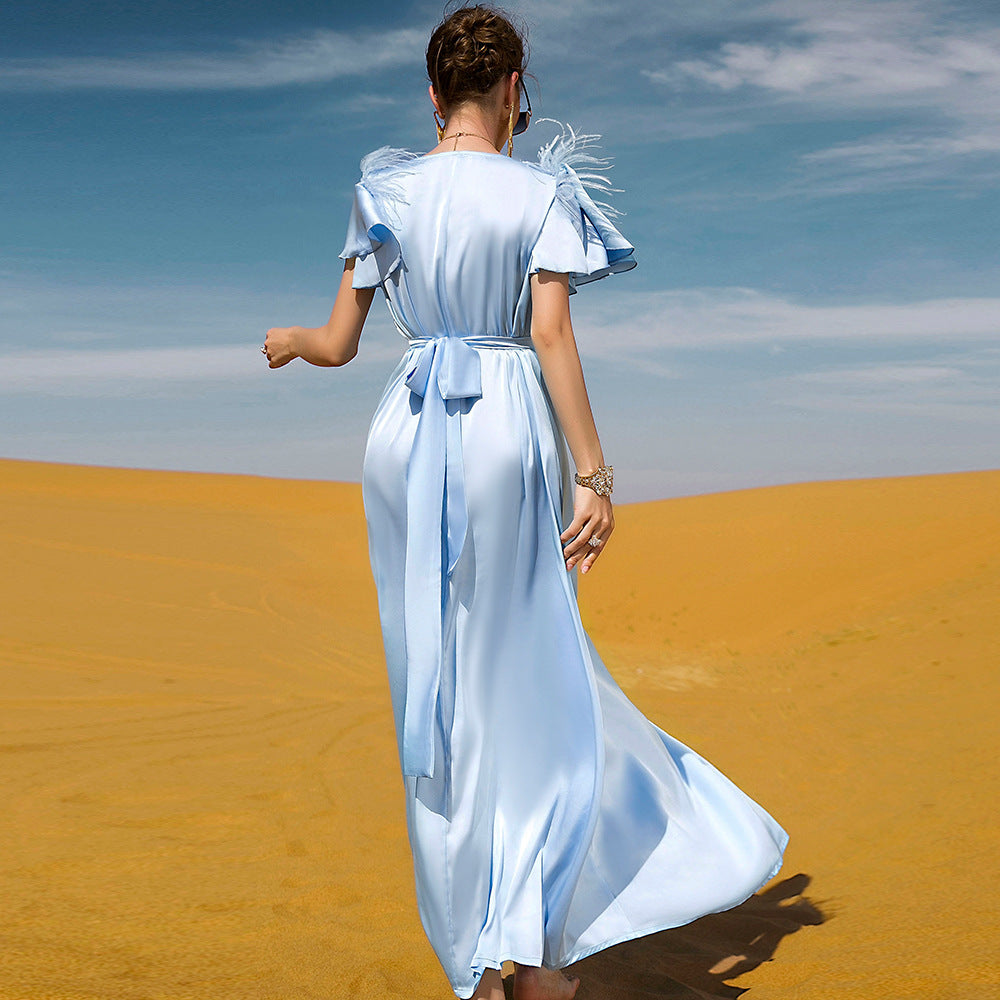 Elegant Light Blue Satin Maxi Dress with Floral Embellishments – Summer Collection Fashion Satin Ruffled Feather Dress
