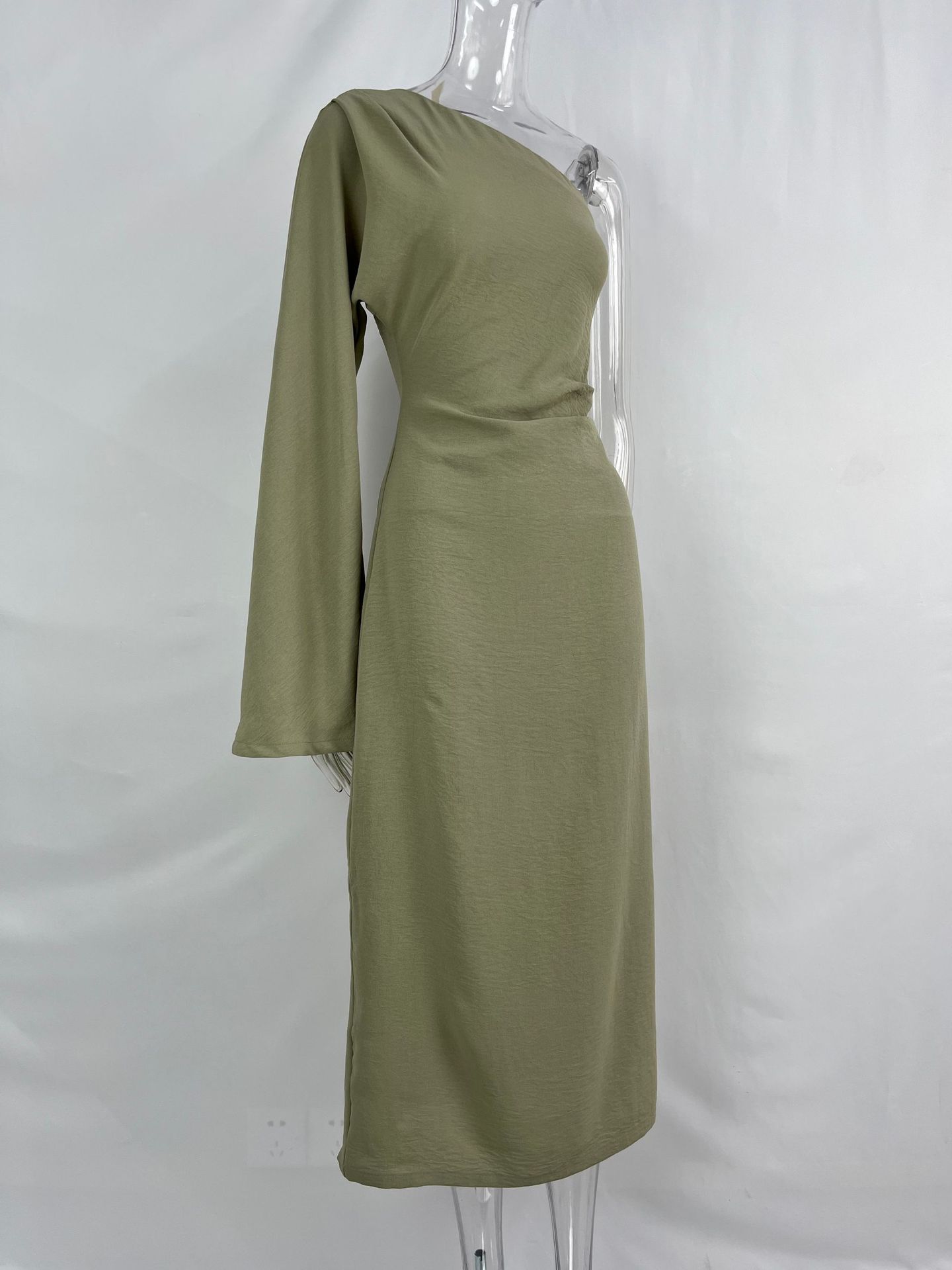 Oblique One-shoulder Silk Twill Texture Slim Dress For Women's