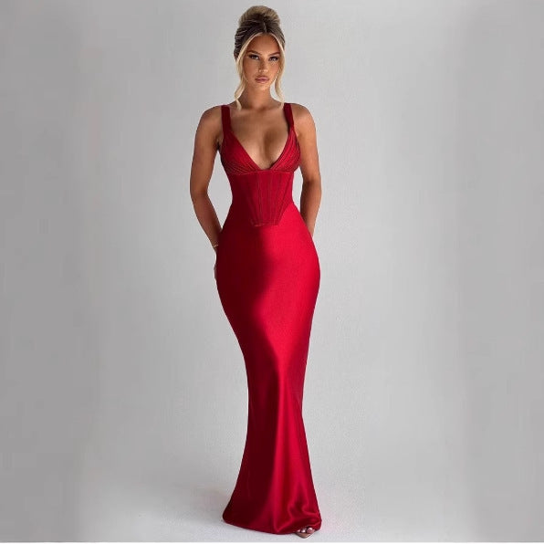 Long Dress Solid Color Sexy Slit Sleeveless Round Neck Dress