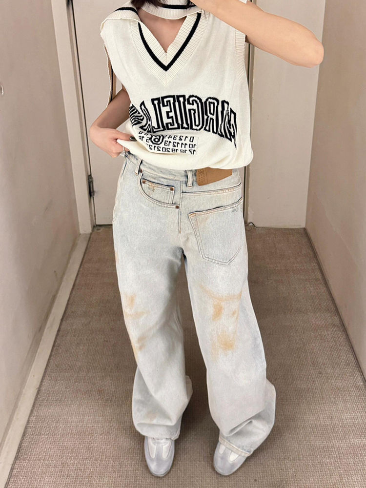 Washed Out & Worn In – Street-Ready Slouch Jeans American Retro Plus Size Stitching Jeans For Women
