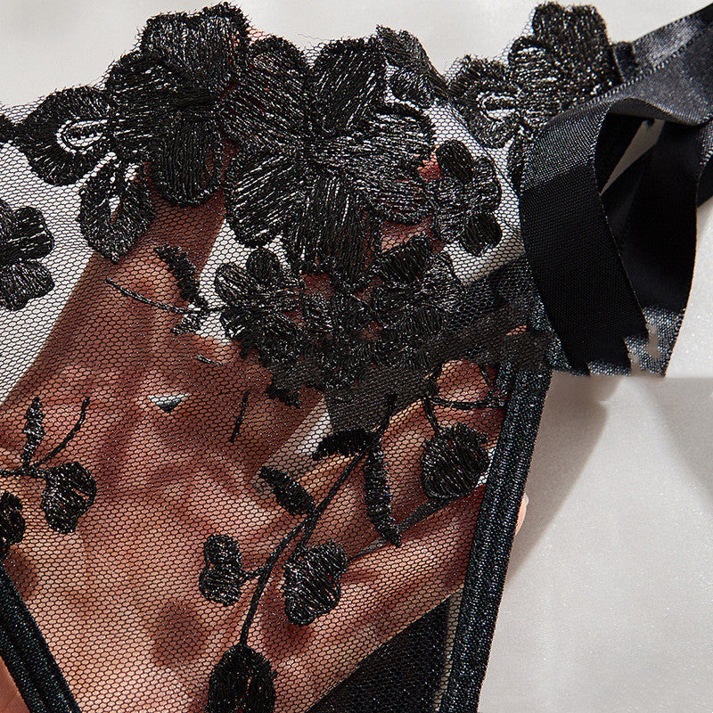 Floral Embroidery Lingerie Set - Bra & Thong with Strappy Details Suit Uniform Pure Desire Temptation Bra Bra Anti-sagging Women